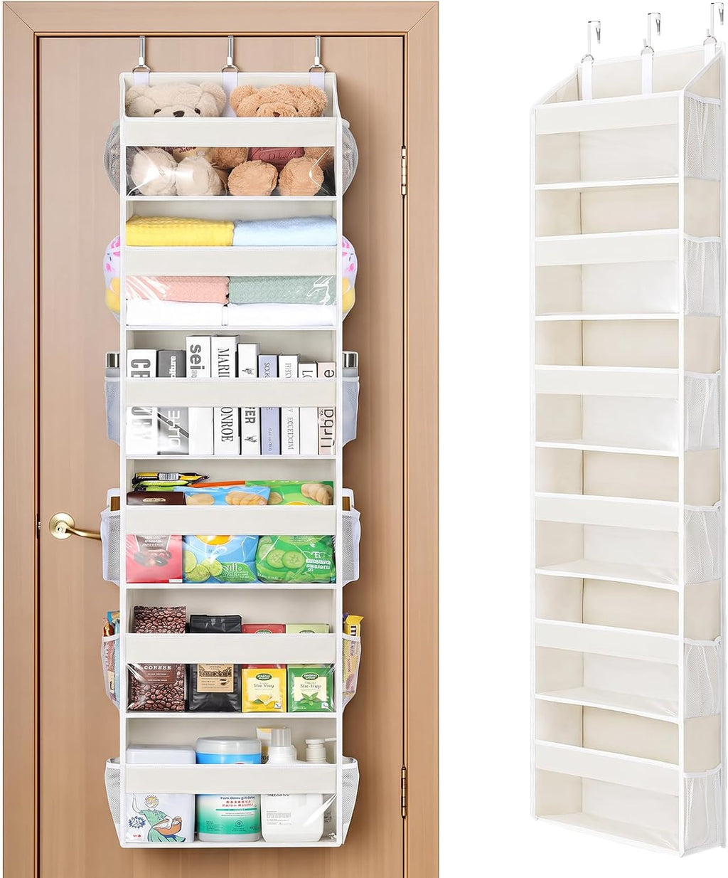 Yecaye Over the Door Organizer 6 Tiers, Heavy Duty Hanging Storage with 6 Large Clear PVC Pockets and 12 Side Pockets, 56lbs Capacity for Closet Door Bathroom Bedroom Nursery Dorm, Ivory White