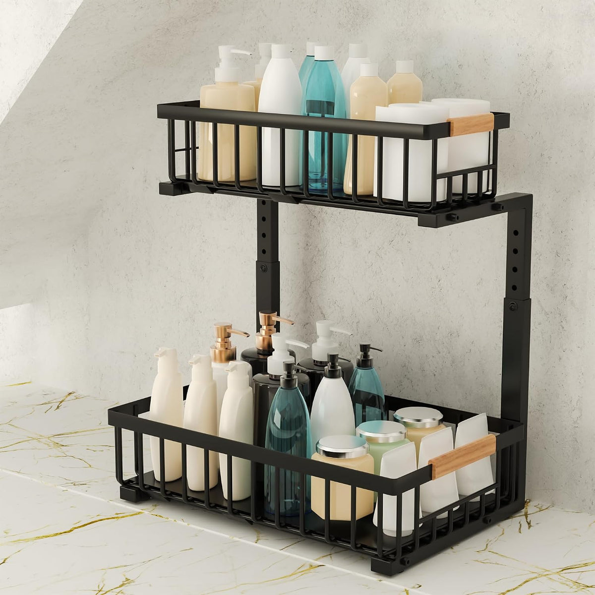 Under Sink Organizer, 2-Tier Pull-Out Cabinet Organizer – Adjustable Height, Left or Right Install – Smooth Slide-Out Drawers, Heavy-Duty Metal Rack for Kitchen & Bathroom, 1 Pack