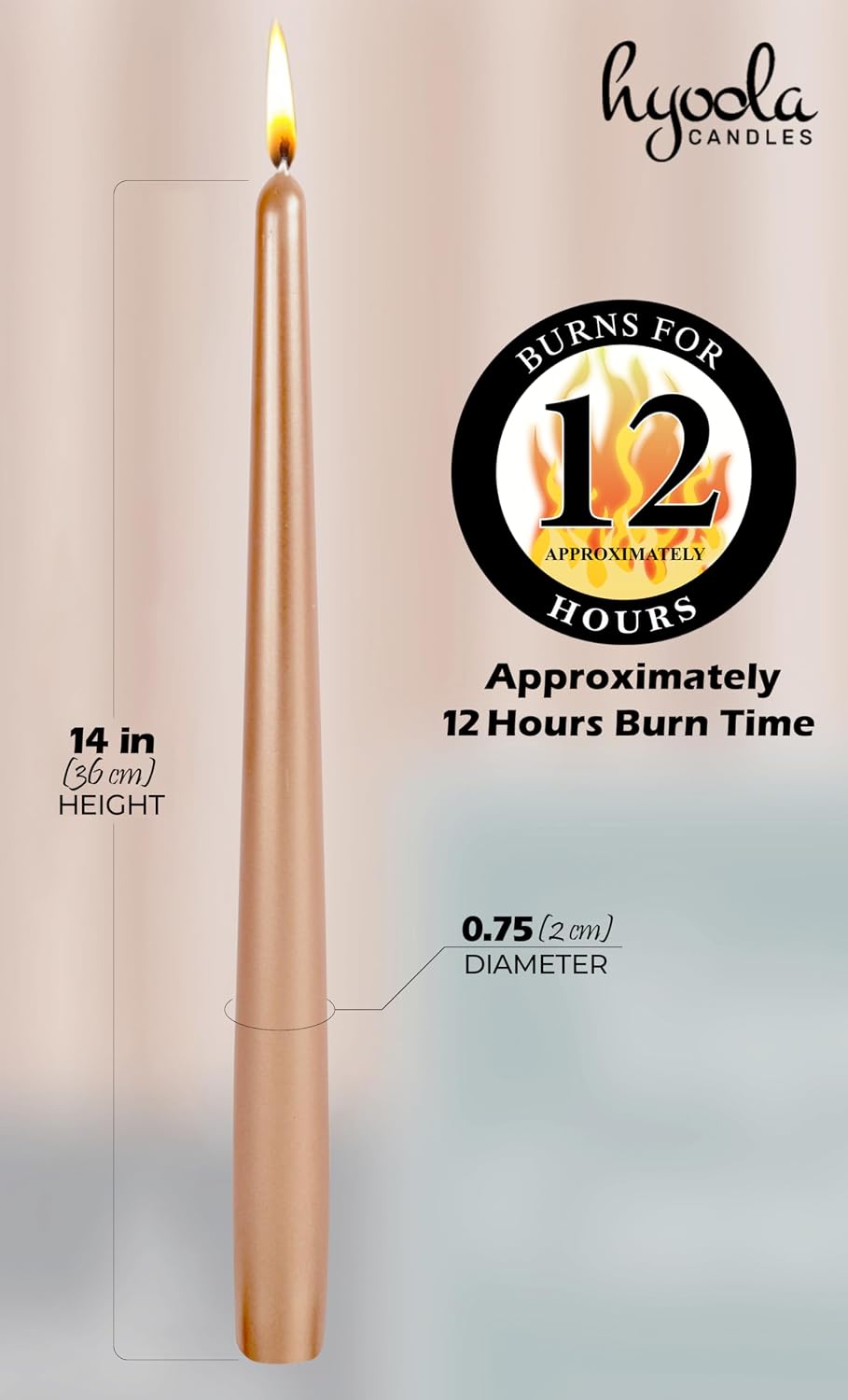 Hyoola 12 Pack Tall Metallic Taper Candles - 14 Inch Copper Metallic, Dripless, Unscented Dinner Candle - Paraffin Wax with Cotton Wicks