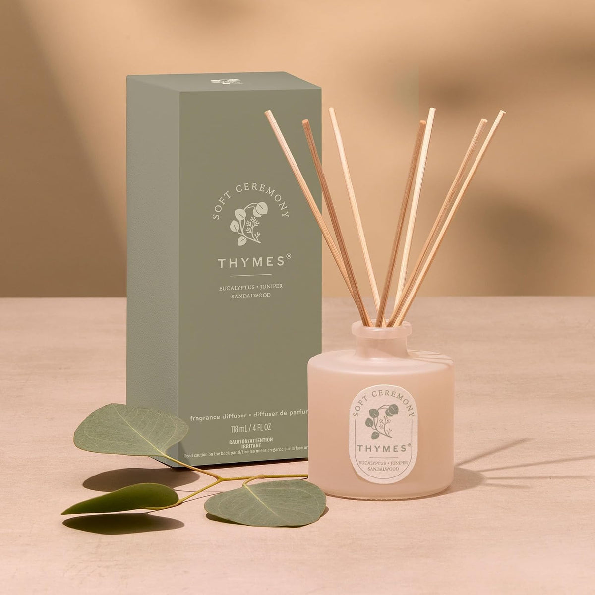 Thymes Petite Oil Reed Diffuser Set – Includes Reeds, Fragrance Oil & Glass Bottle – Luxury Scent Diffusers for Home Decor – Notes of Eucalyptus Leaf, Juniper & Sandalwood (Soft Ceremony, 4 fl oz)