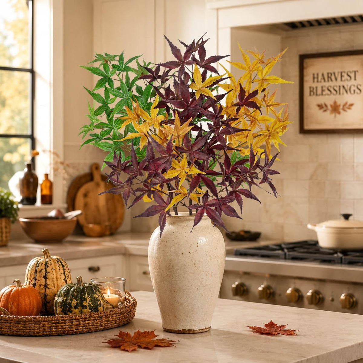 Hollyone 3Pcs Artificial Japanese Maple Leaves Branches 31.5'' Fake Fall Leaves Stems Plants Faux Maple Leaf Bushes Shrubs for Home Decor Thanksgiving Festival Party Autumn Decorations Mixed Color