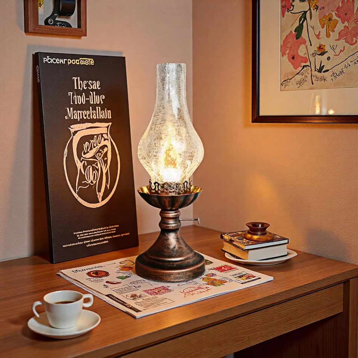 Vintage Table Lamp - 3 Modes Dimmable Retro Rustic Desk Lamp with Crackle Glass Shade, Antique Victorian Style, E26 Bulb Included, Ideal for Bedroom, Living Room, Home Decor (Transparent Glass)