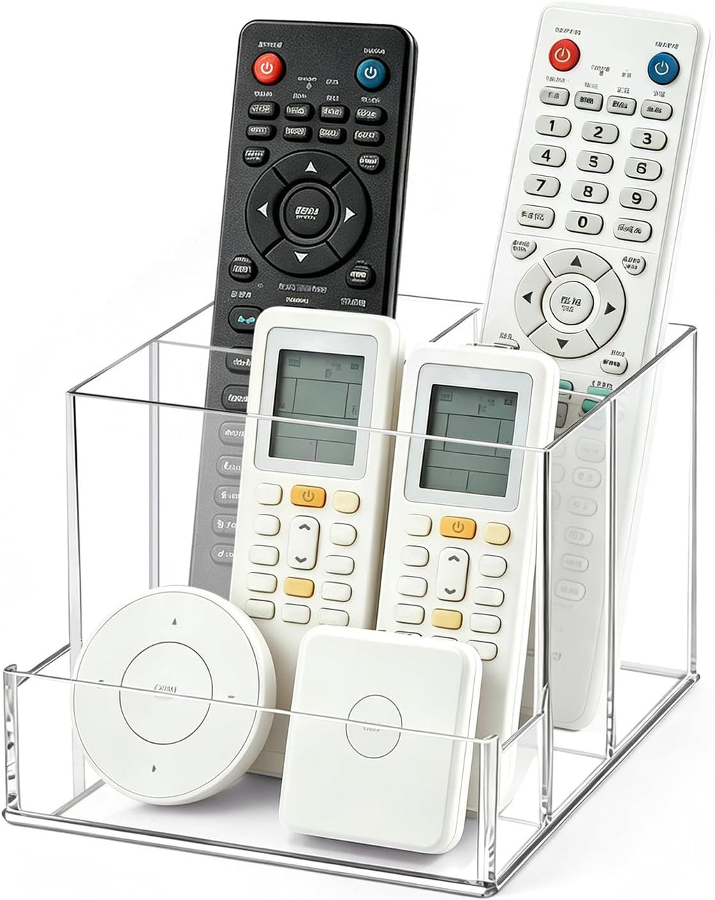 Vowcarol Clear Acrylic Remote Control Holder – 4 Compartment Desk Organizer, TV Remote Holder