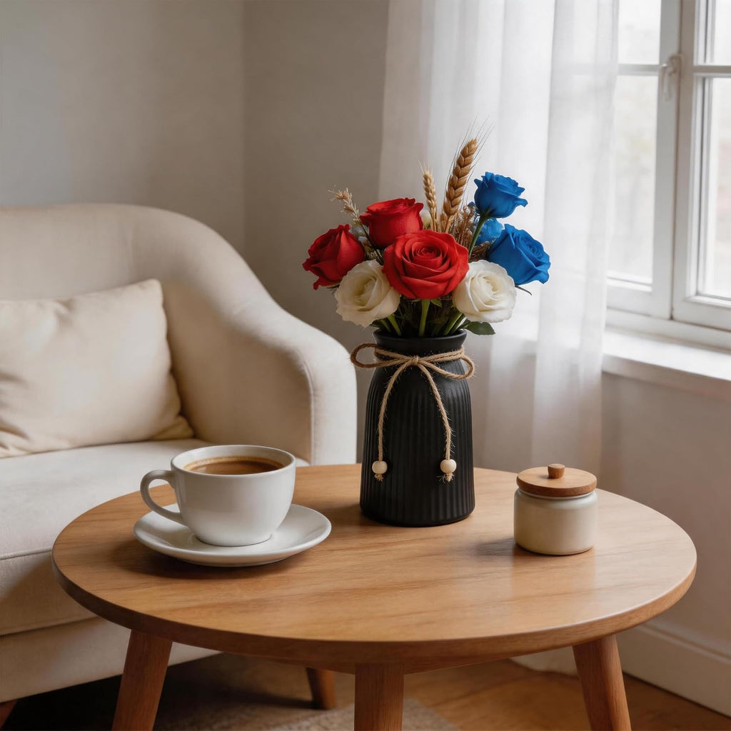 Small Ceramic Vase for Home Decor, 6" Farmhouse Ribbed Vase with Twine Bow, Black Decorative Flower Vase for Pampas Grass, Rustic Boho Vase for Table, Shelf, Living Room, Office