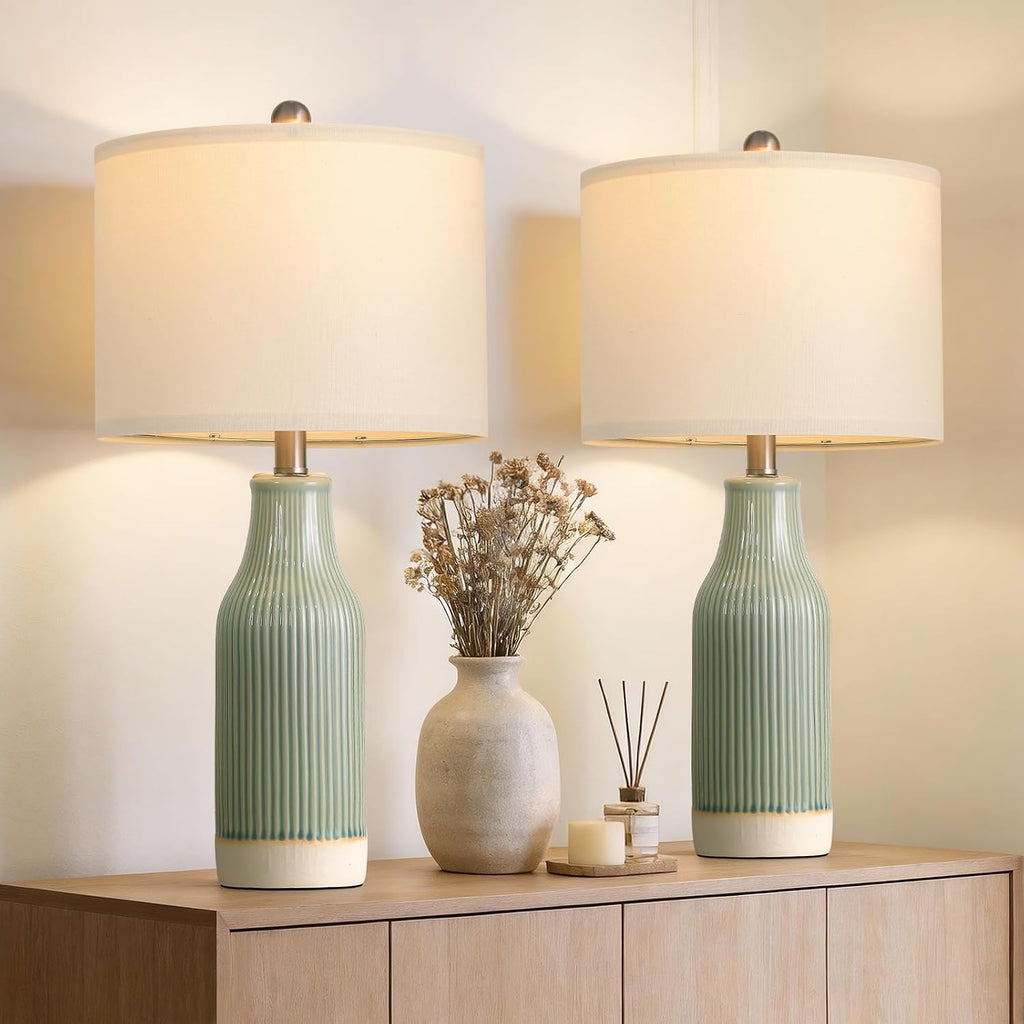 USumkky 23.75" Modern Green Ceramic Table Lamp Set of 2 for Living Room