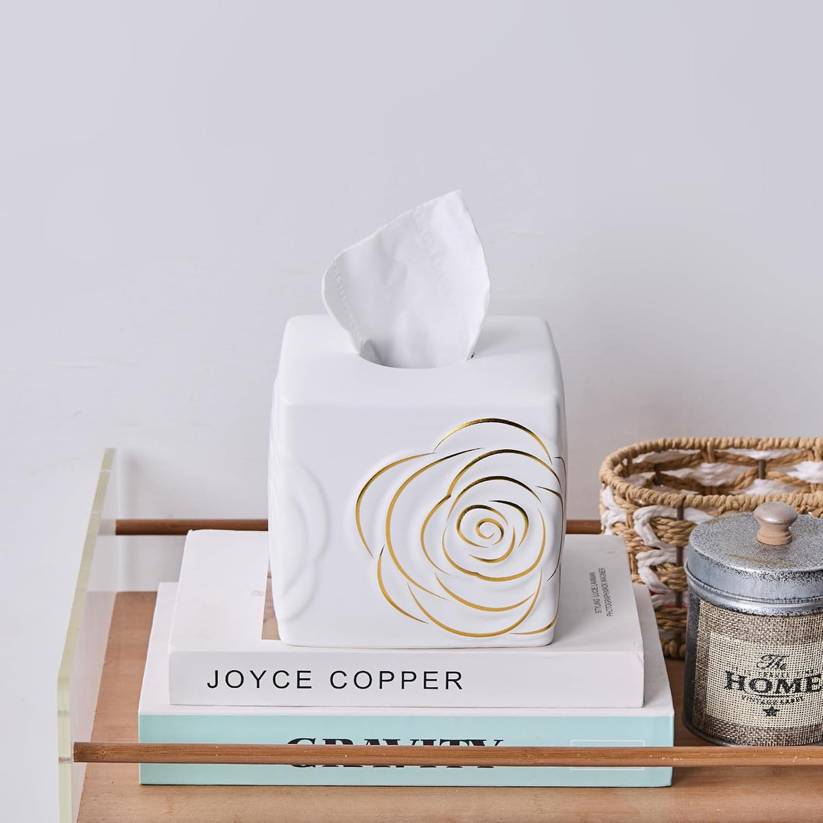 White Ceramic Cube Tissue Box Cover with Gold Rose – Large Elegant Rose Floral Square Decorative Tissue Box Holder for Bathroom, Bedroom, Office Desk, Kitchen Counter – Perfect Housewarming Gift