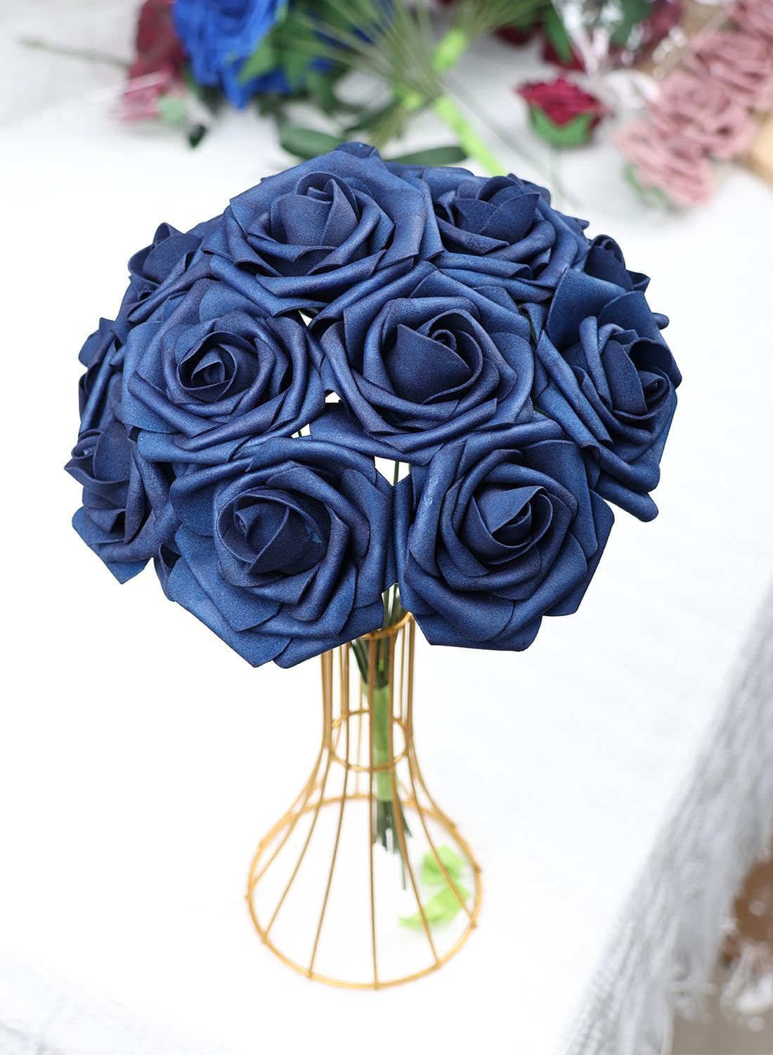 50pcs Artificial Flower，Real Touch Artificial Foam Roses Decoration DIY for Wedding Bridesmaid Bridal Bouquet Centerpieces Party(50, Navy Blue)