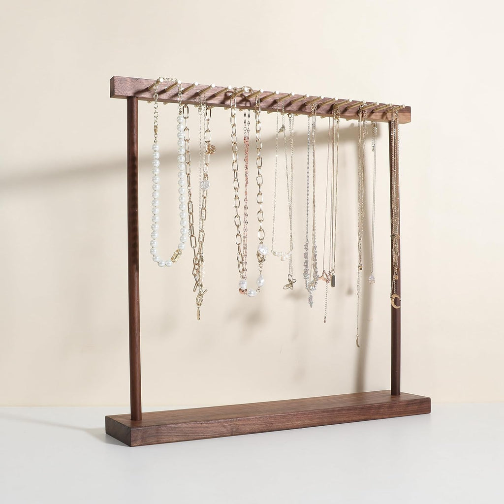 Large necklace hanger shelf with 17 copper bars, Wooden jewelry storage organizer rack for hanger necklace bracelet, necklace display stand for boutique store【Walnut】