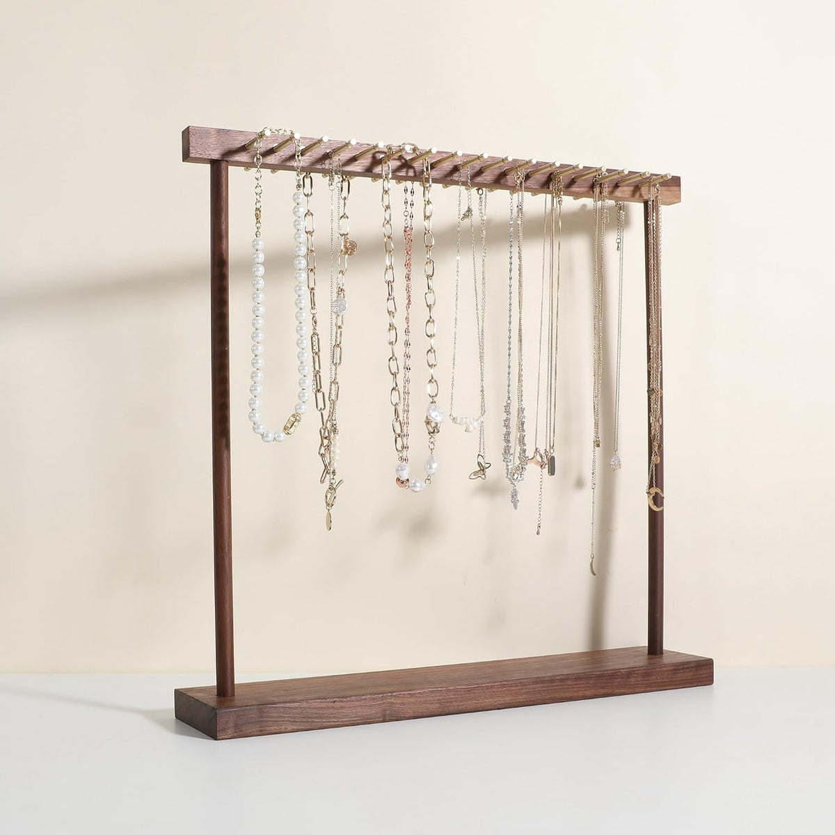 Large necklace hanger shelf with 17 copper bars, Wooden jewelry storage organizer rack for hanger necklace bracelet, necklace display stand for boutique store【Walnut】