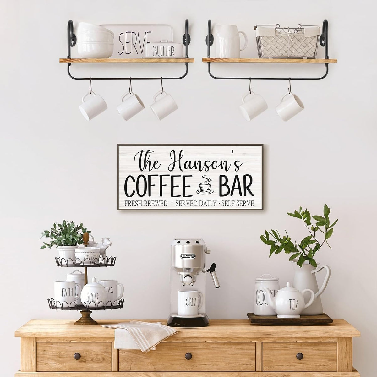 Olakee Floating Wall Shelves for Kitchen Bathroom Coffee Nook with 10 Adjustable Hooks for Coffee Mugs, Coffee Bar Organizer and Decor, Rustic Storage Shelves Set of 2