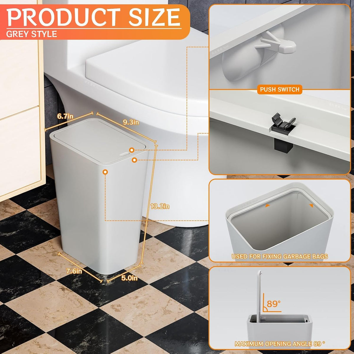 Yieach 12L Slim Bathroom Trash Can with Lid,3.17 Gallon Pet/Dog Proof Kitchen Trash Can,Rectangle Thin Garbage Can,Covered Waste Basket,Narrow Small Plastic Trashcan for Room,Bedroom,Office,Grey 2PCS