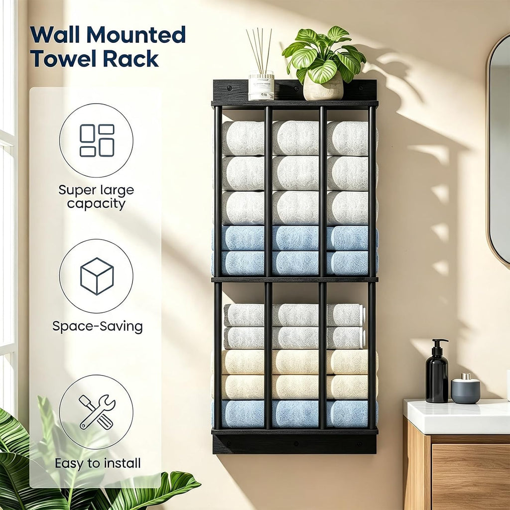 Wall Mounted Towel Rack, Wood & Metal Towel Holder for Bathroom Wall