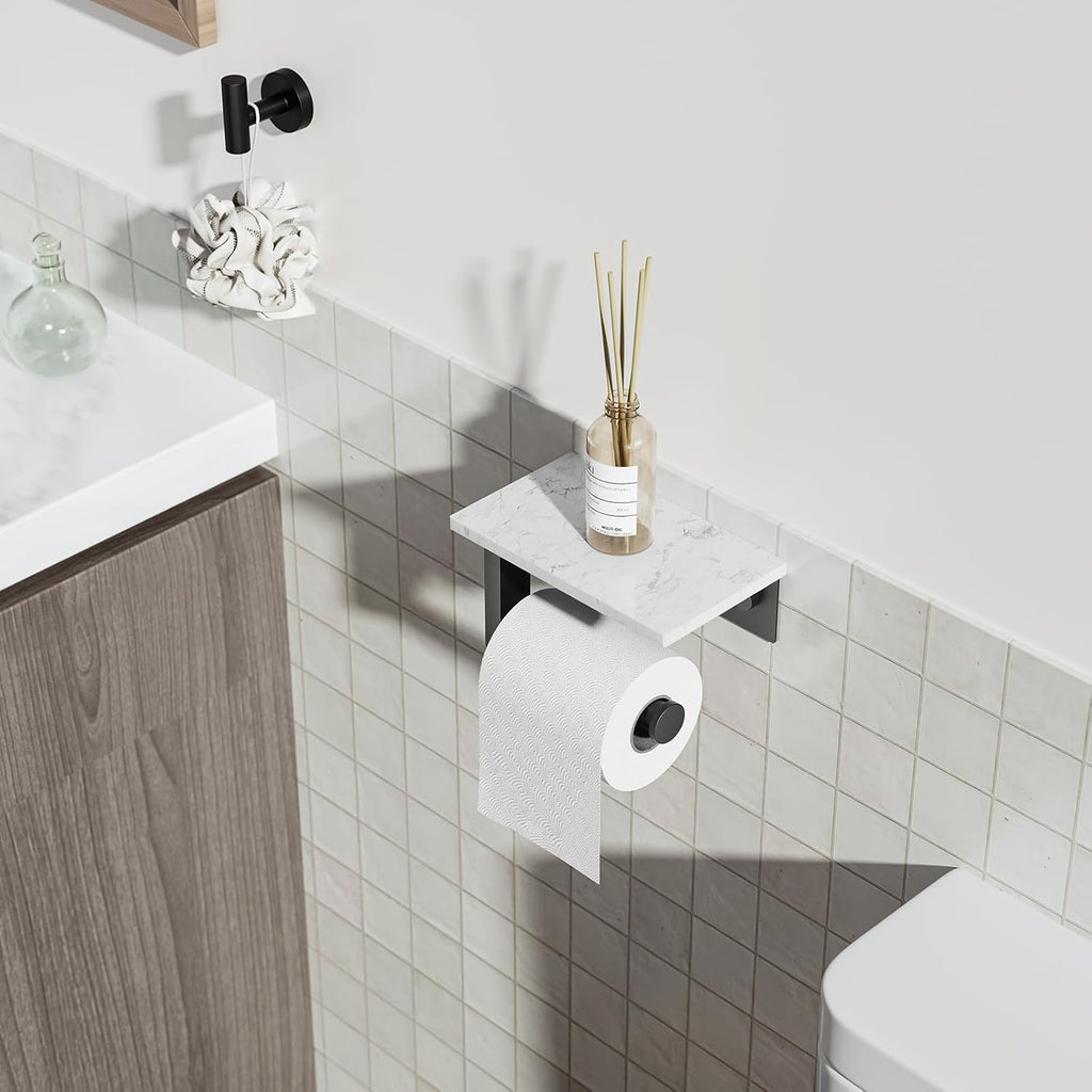 Matte Black Toilet Paper Holder with Marble Shelf Tissue Roll Holder