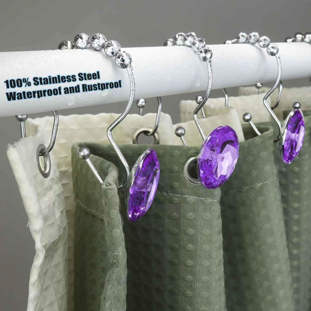 Shower Curtain Hooks Rings for Bathroom, 12PCS Double Hooks Glide Anti Rust Crystal Rhinestones Shower Curtain Rings Hangers for Shower Curtains, Clothing, Towels, etc. (Purple)