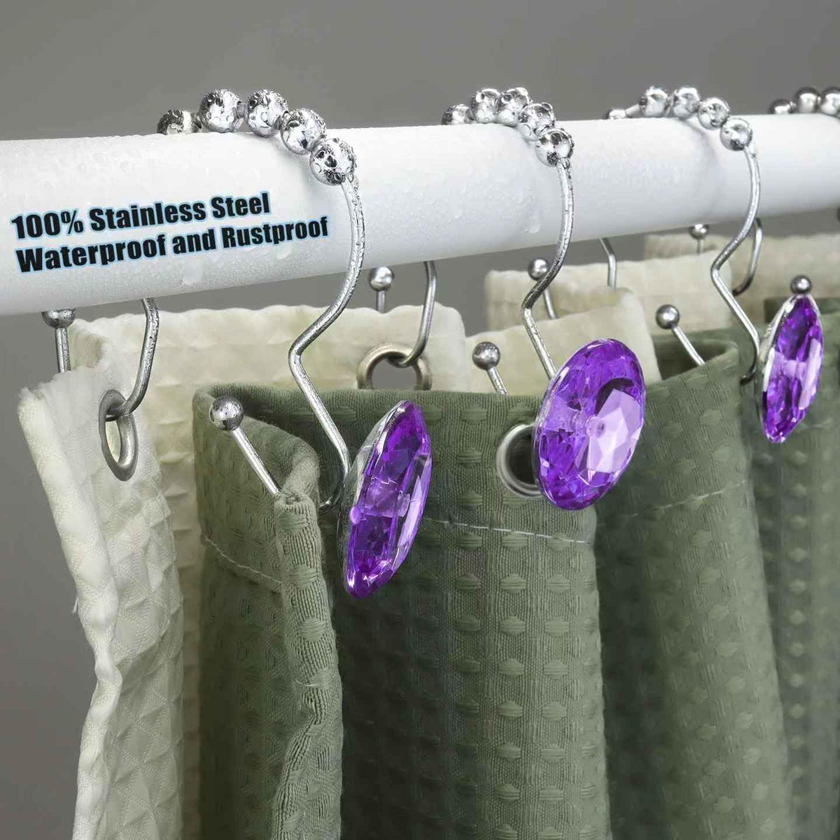 Shower Curtain Hooks Rings for Bathroom, 12PCS Double Hooks Glide Anti Rust Crystal Rhinestones Shower Curtain Rings Hangers for Shower Curtains, Clothing, Towels, etc. (Purple)