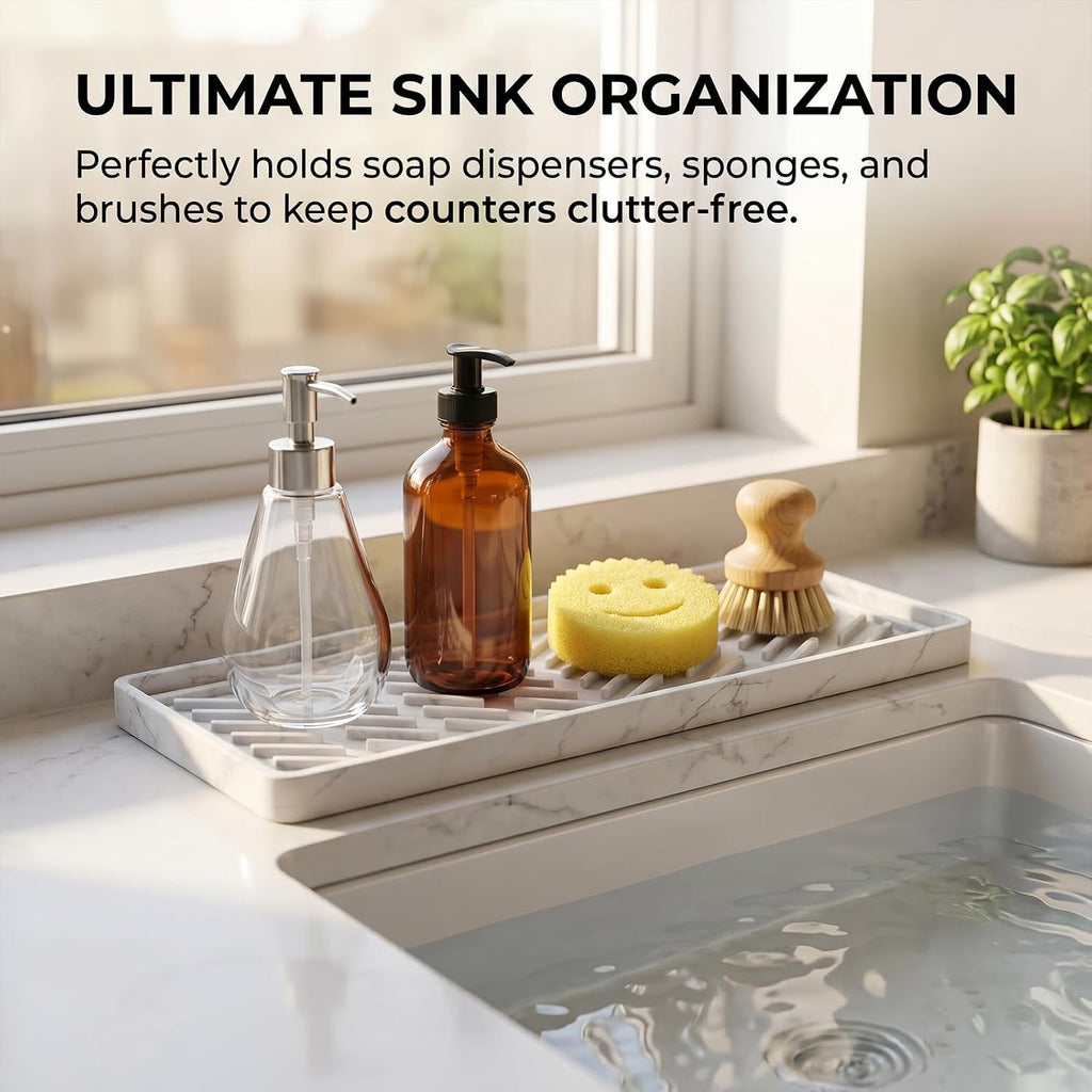 Silicone Sink Tray, Sponge Holder for Kitchen Counter, White Marble