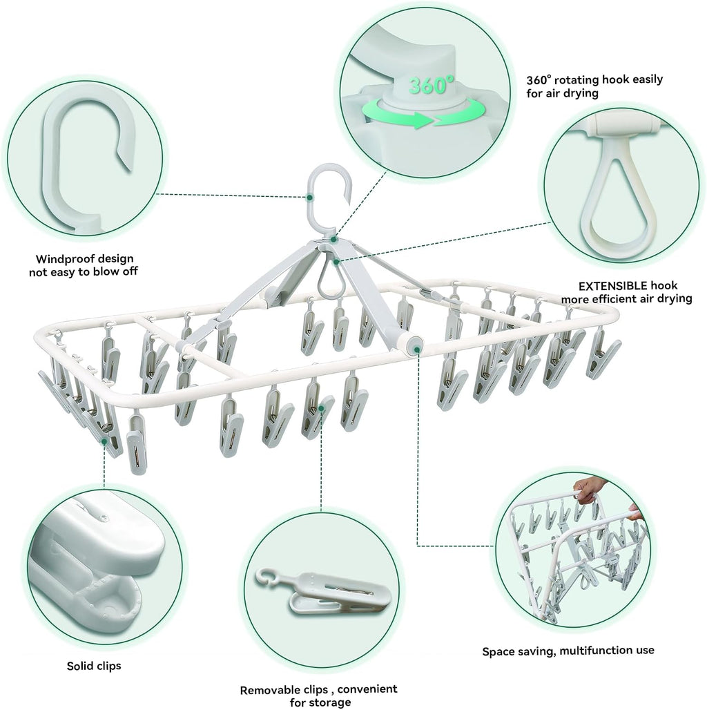 Plastic PP Drying Hanger, Anti-Rusty Drying Rack for Clothes, Socks, Lingeries, Delicates, Drying Hanger with 32 Clips for Baby Clothes, Towels