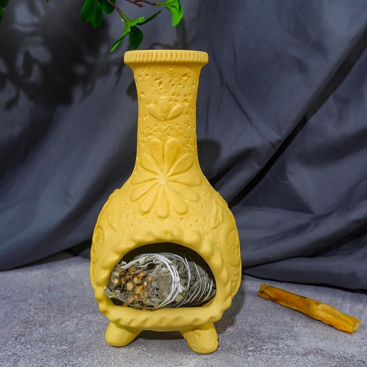 Yellow Floral Palo Santo Chiminea,Smudge Stick-Incense Cones Burner Holder