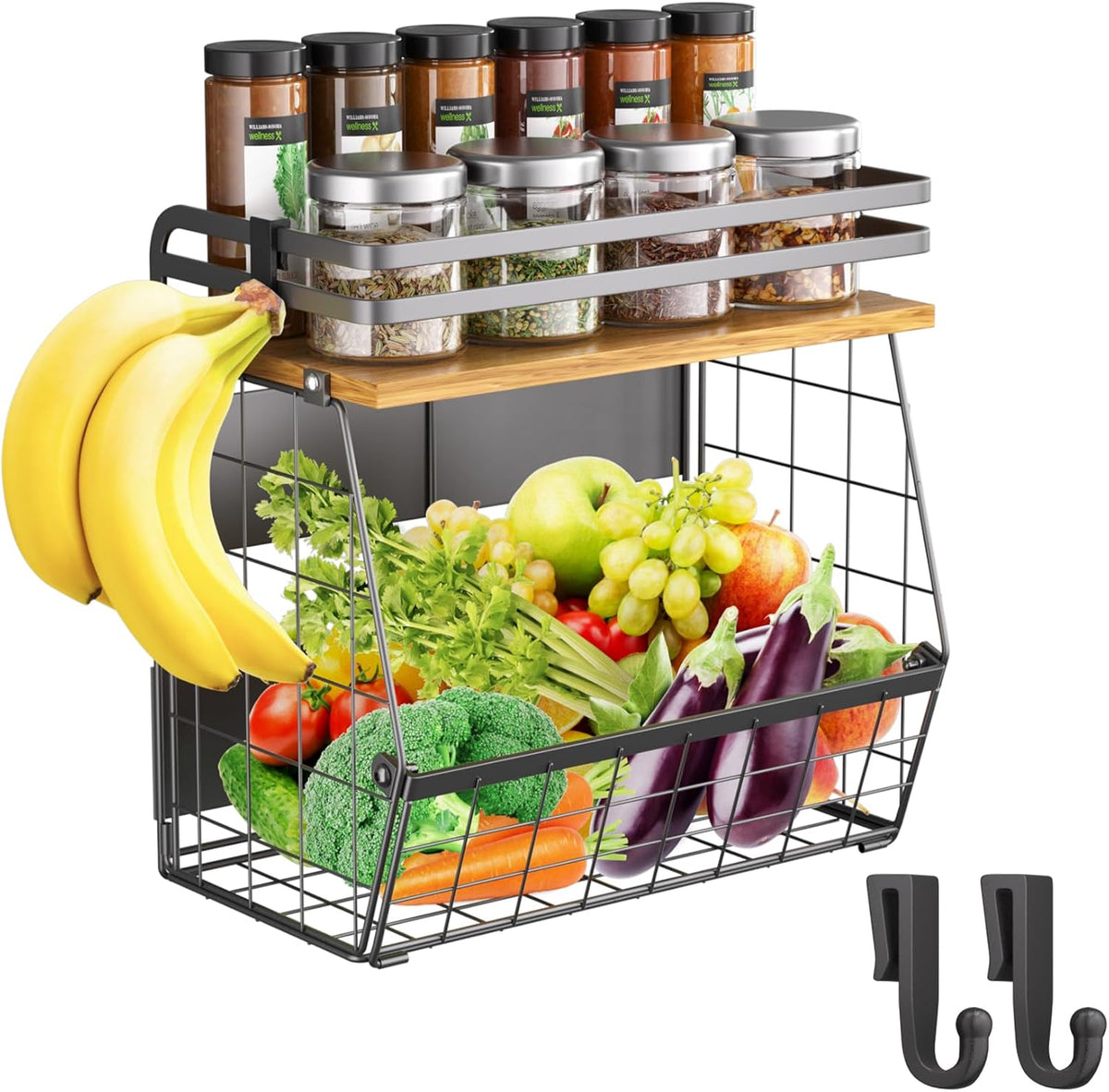 Magnetic Shelf for Fridge with Wood Lid, Large Capacity Magnetic Spice Rack for Refrigerator Kitchen Storage Bin for Fruit, Onion, Potatoes, Storage Organizer for Counter & Cabinet, Wire Basket