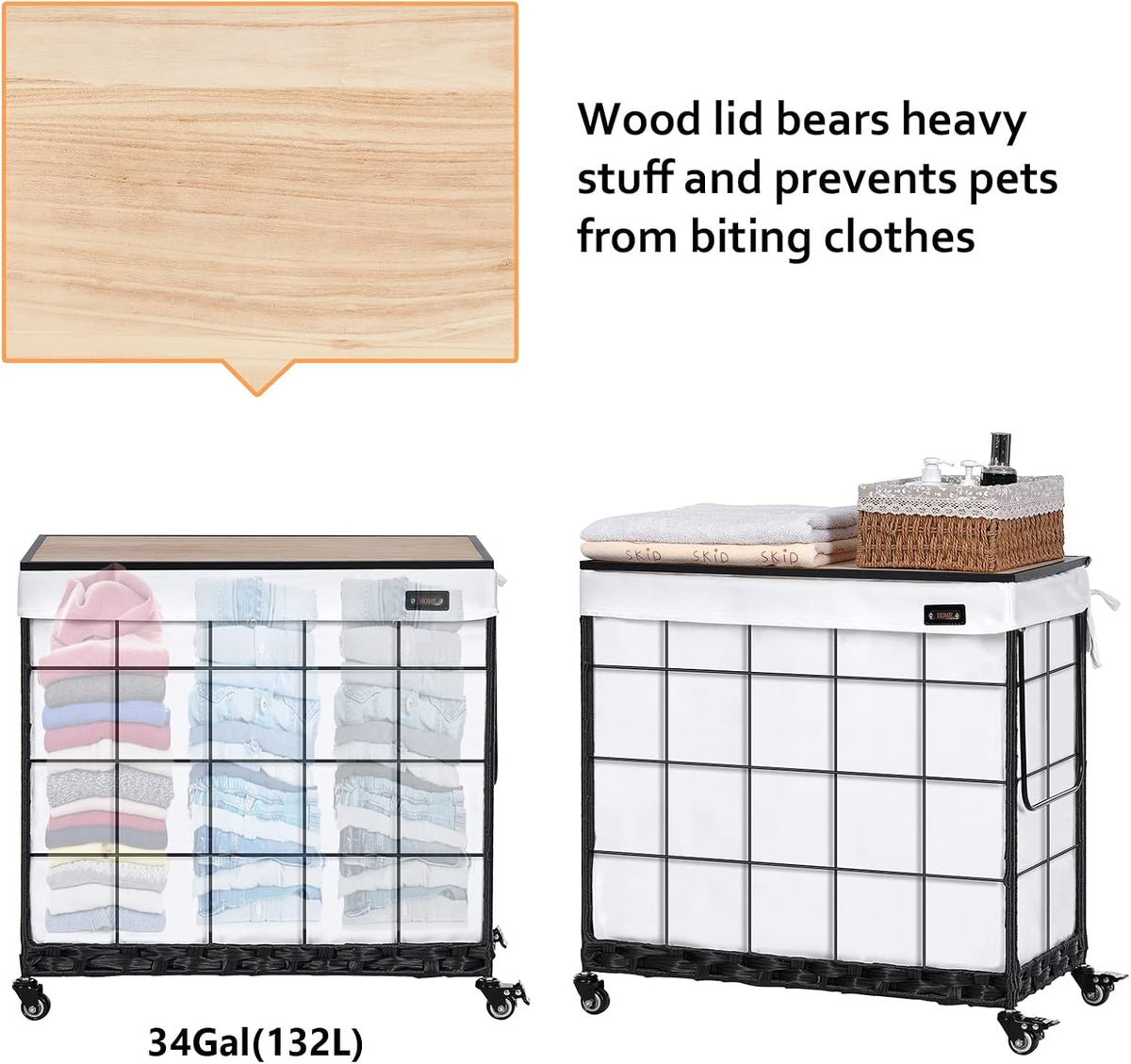 132L Laundry Hamper with Lid, 3-Section Laundry Basket with Rolling Wheels