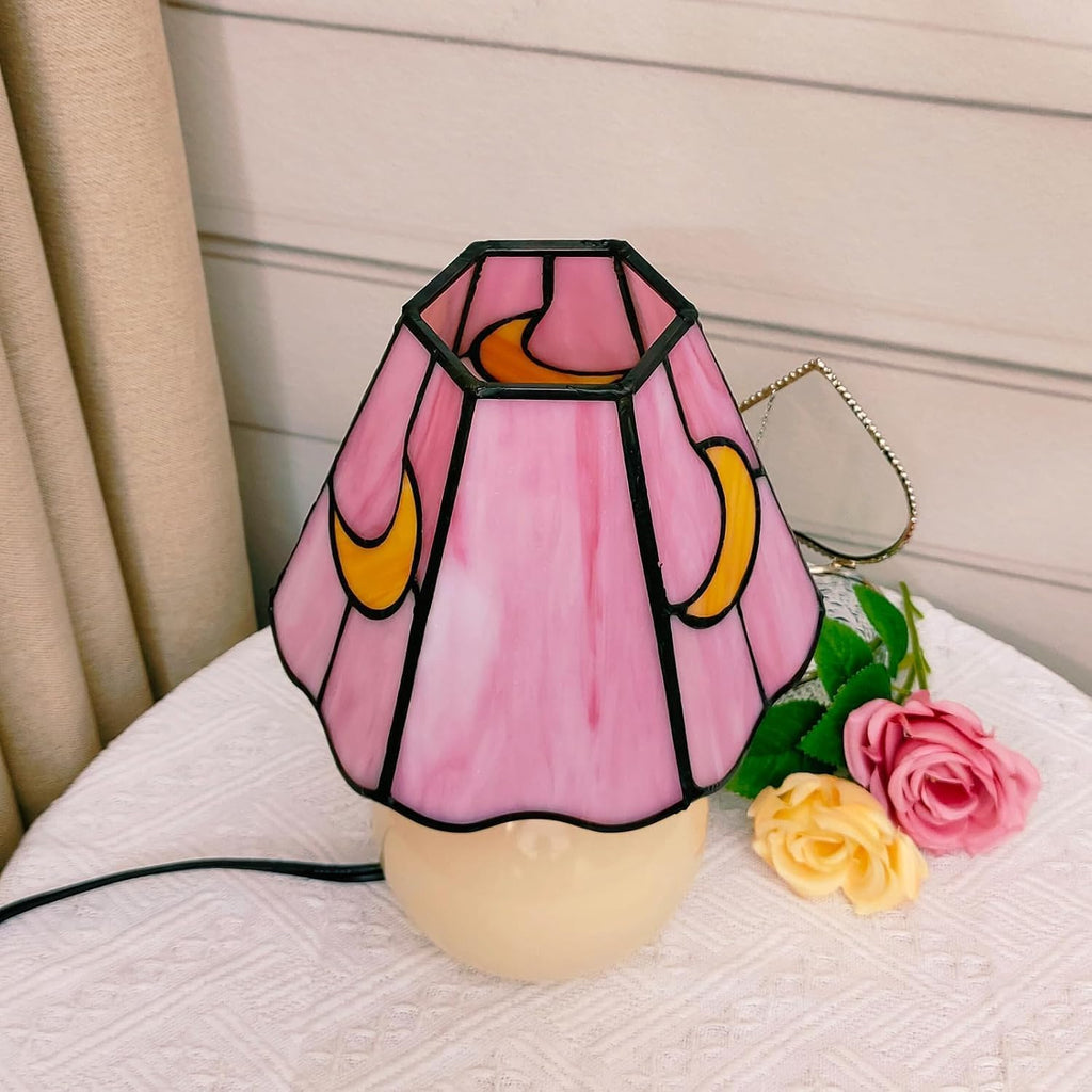 Tiffany Lamp Stained Glass Table Lamp Moon Mushroom Pink Cute Small Bedside lamp Living Room Dining Room Office Decoration Desk lamp Home Decoration Creative Gift Scene Prop