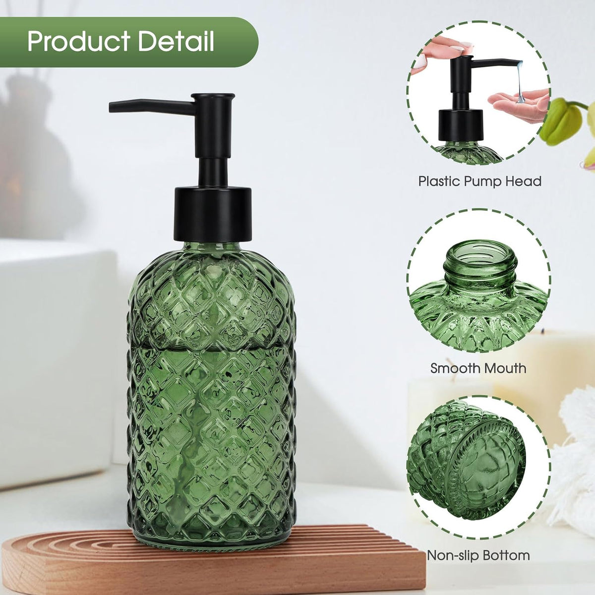 Topsky Gem Glass Soap Dispenser with Black Plastic Pump, 13oz Liquid Hand Soap Dispenser, Rustproof Pump for Kitchen & Bathroom, Great for Lotions, Essential Oil, Liquid Soaps-Army Green