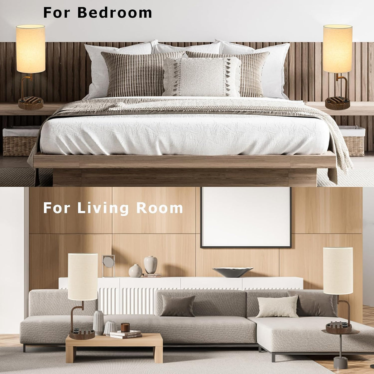 Dreamholder Table Lamp with 3 USB Charging Ports, Modern Desk Lamp with AC Outlet and Phone Stands, Perfect Bedside Lamp for Bedroom, Living Room, Office (Pack of 2), Walnut