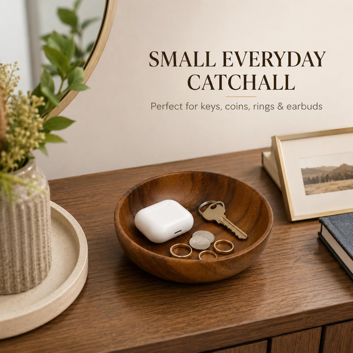 Small Acacia Wood Decorative Bowl, Entryway Key Tray Countertop Organizer