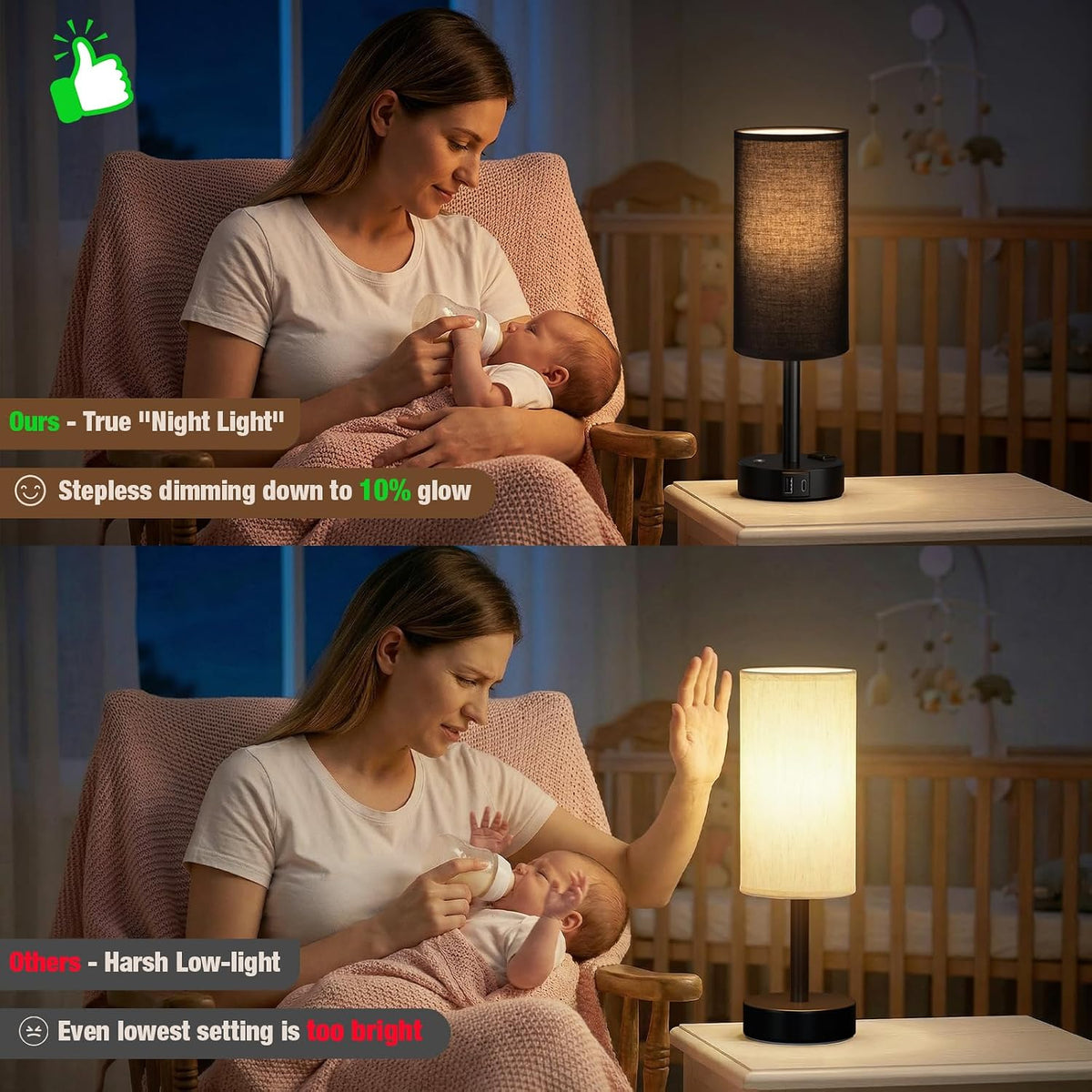 Black Touch Bedside Lamp for Bedroom, Stepless Dimmable, USB A+C, AC Outlet