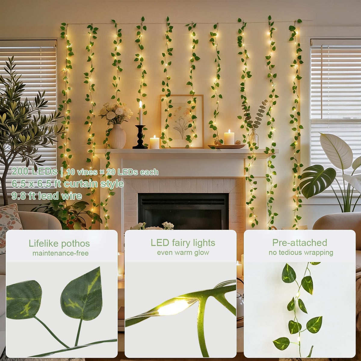 JMEXSUSS 200 LED Vine Lights, Pothos Vines with Fairy Lights Curtain