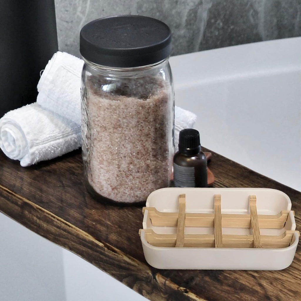 Aoheuo Modern Bamboo Fiber soap Holder and soap Dish Combination (Removable),5.12 Long by 3 Wide, 0.98 inches high, Used in Kitchens, bathrooms, and bar Sinks (Off White(2 Pack))