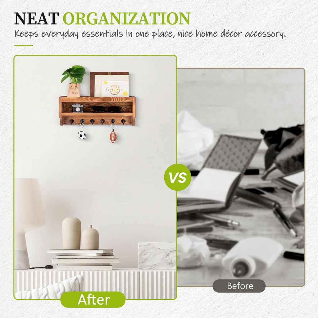 Nekon Key Holder Wall Mount, Pine Wooden Mail Organizer, Light Brown