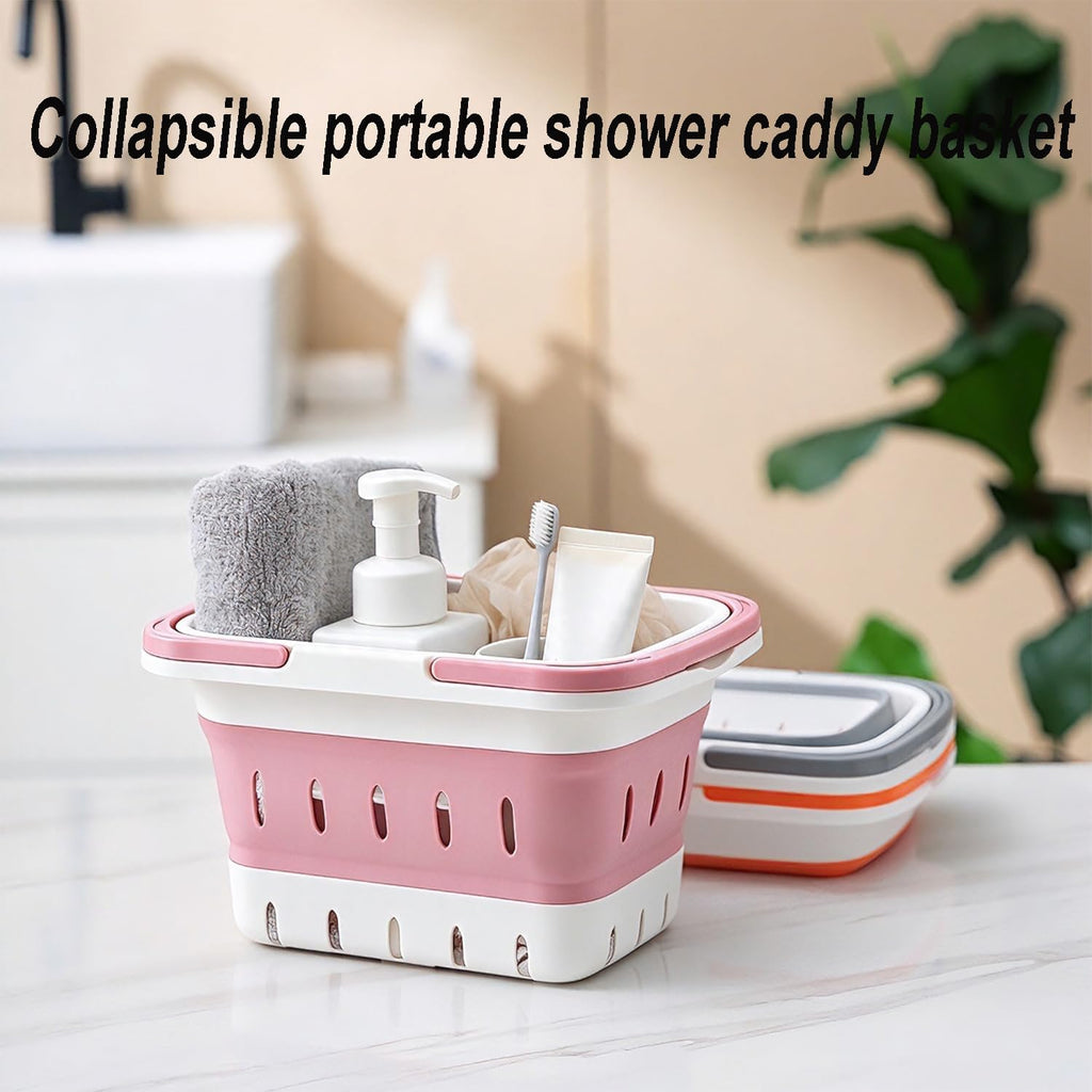 2 Pack Portable Shower Caddy Tote, Collapsible Plastic Storage Basket with Handles, Foldable Multifunctional Organizer for Bathroom, Kitchen, College Dorm, Gym, Travel and Camping, Pink