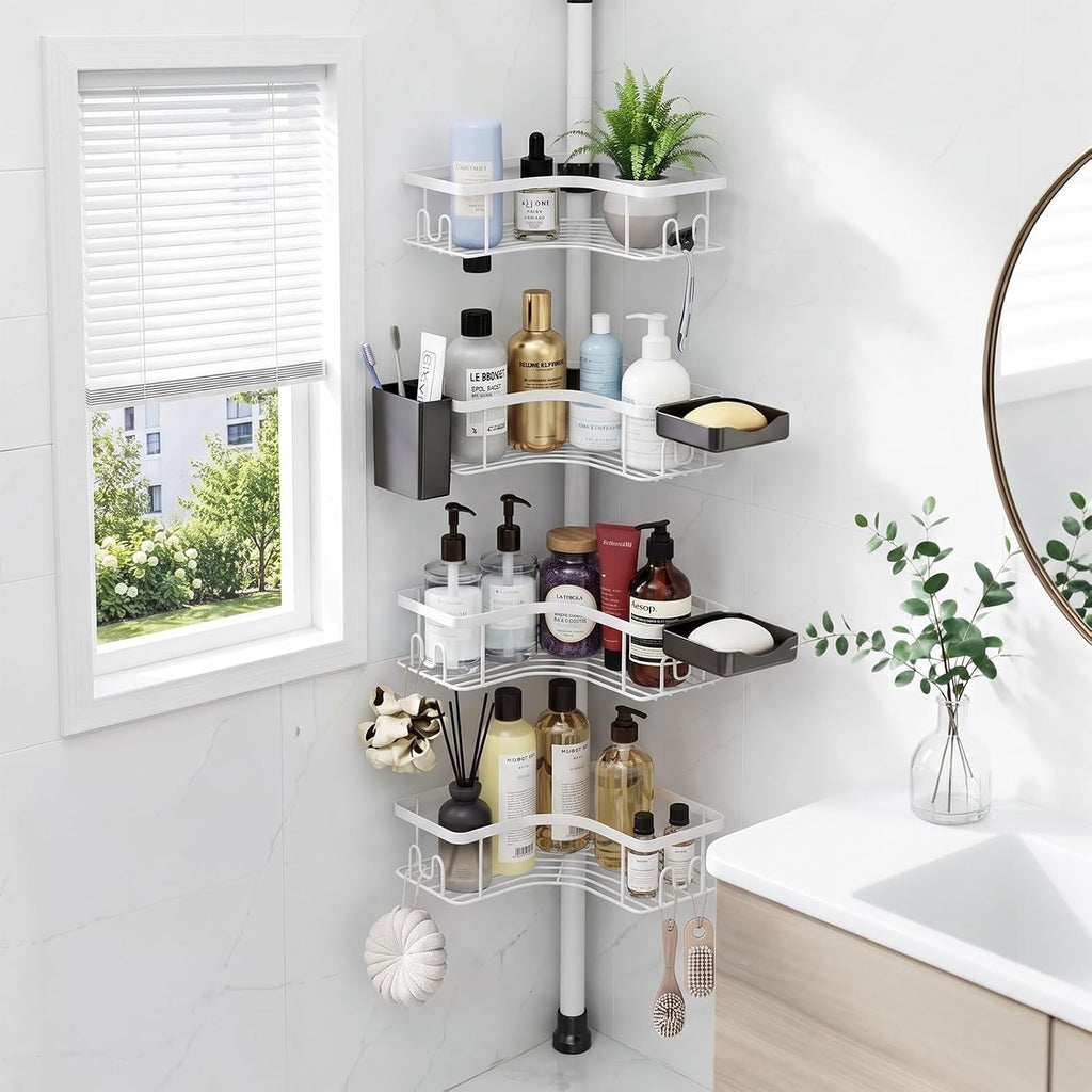 Corner Shower Caddy Tension Pole 4-Tier Rustproof Bathroom Organizer-White