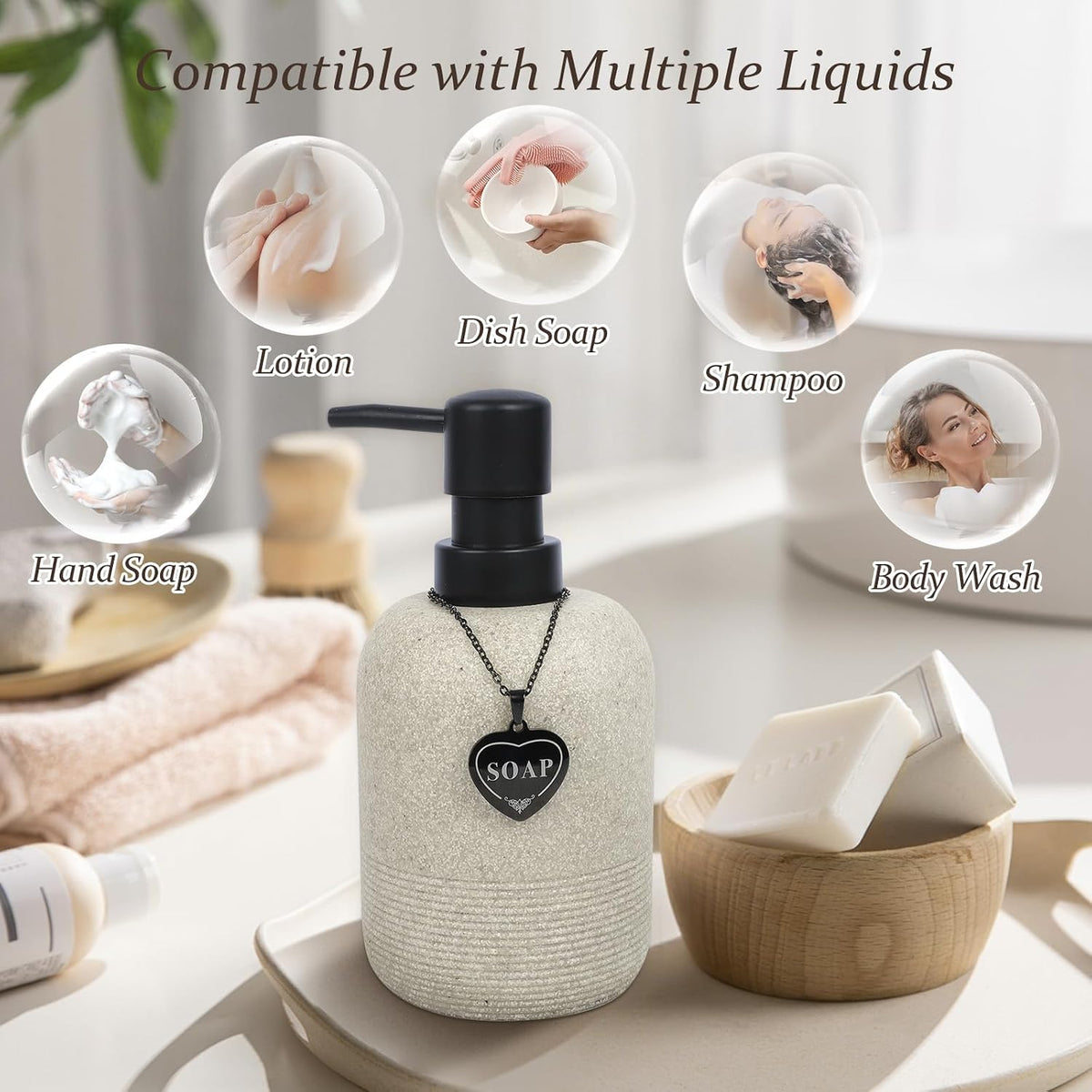 Hand Soap and Lotion Dispenser Set, Resin Bottles Black Heart