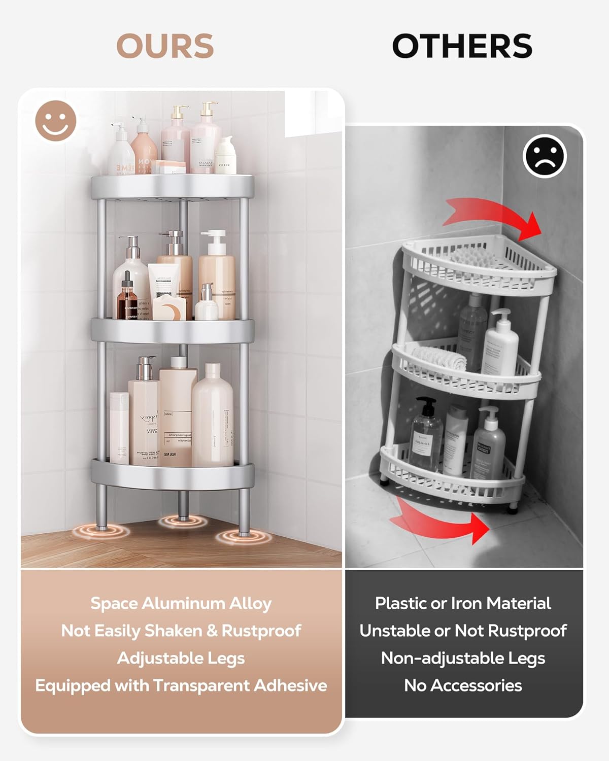 Nieifi 3 Tier Aluminum Corner Shower Caddy Standing Rustproof-Silver