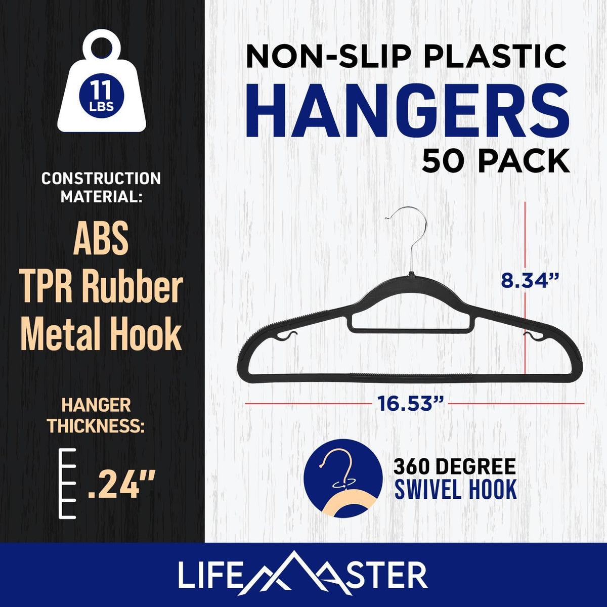 Lifemaster Versatile Clothes Hanger Set - 50 Pieces Space-Saving Dry and Wet Clothes Hanger Set with 360° Swivel Hook and Non-Slip Rubber Design - Black