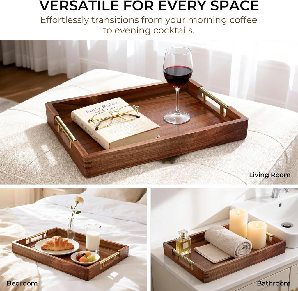 17-Inch Acacia Wood Serving Tray, 2 Handle Sets, Gold and Silver