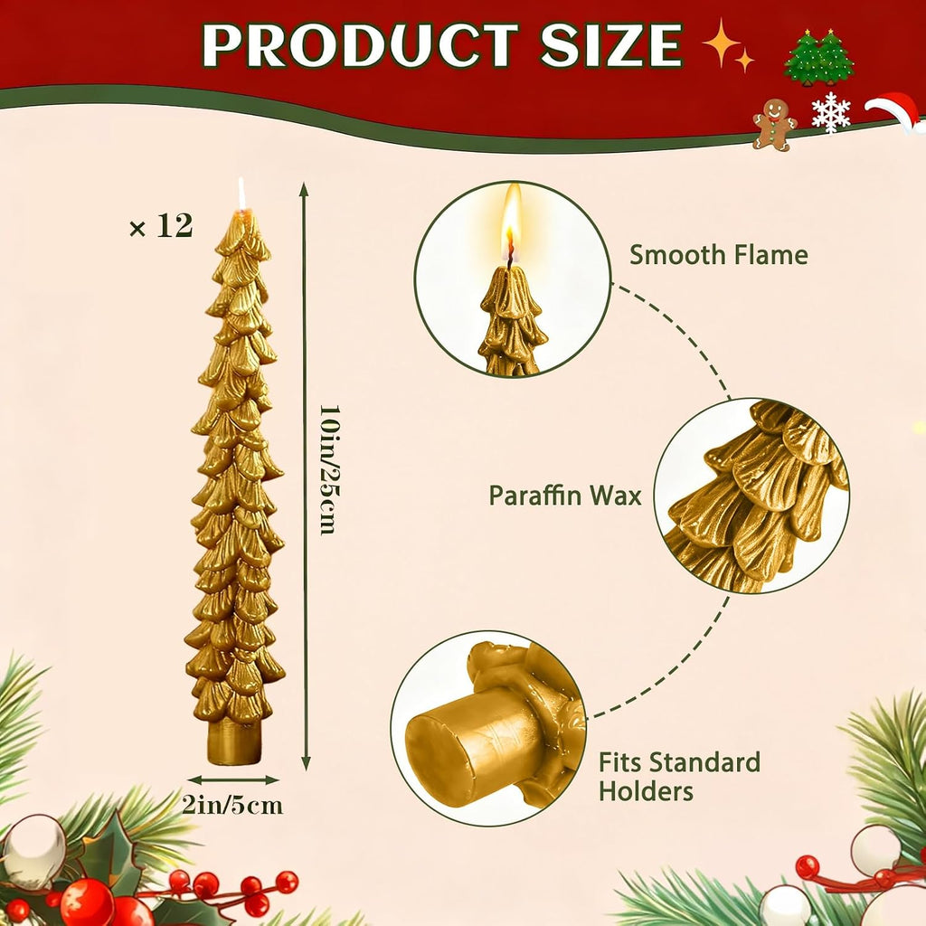 12 PCS Gold Christmas Tree Taper Candles