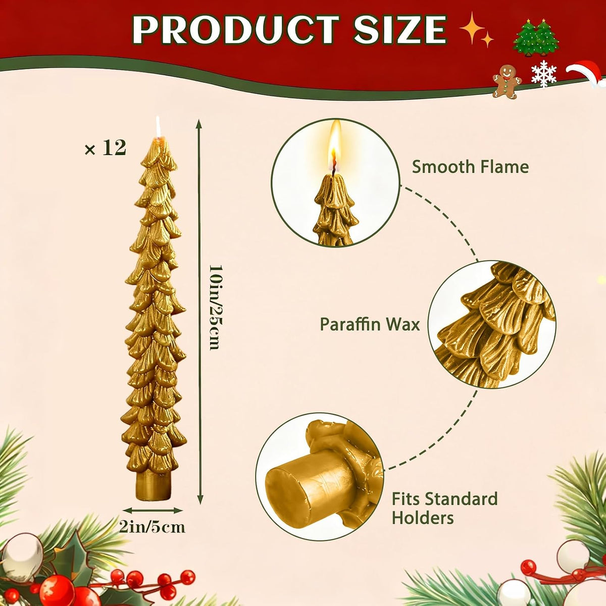 12 PCS Gold Christmas Tree Taper Candles