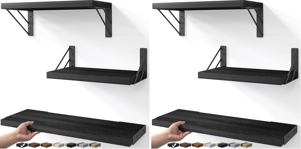 BAYKA Wall Mounted Floating Shelves, Wood Floating Wall Shelf for Books & Decor, Small Space-Saving Display & Organizer（Black，Set of 3） (Pack of 2)