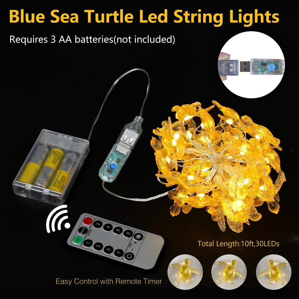 Sea Turtle Fairy Lights Ocean Theme String Lights Indoor-Cute Beach Light USB Plug in & Battery Operated 10ft 30 LEDs with Remote Control- Decorative Lights for Christmas Tree Bedroom Camping