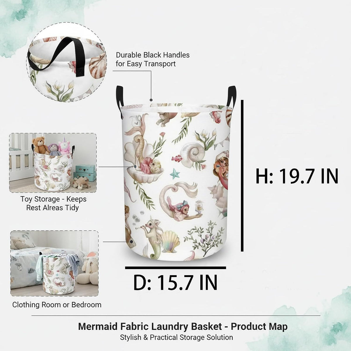 Baby Girls Laundry Basket Collapsible Kids Hamper Mermaid Nursery Room Bedroom Ocean Decor (Mermaid)