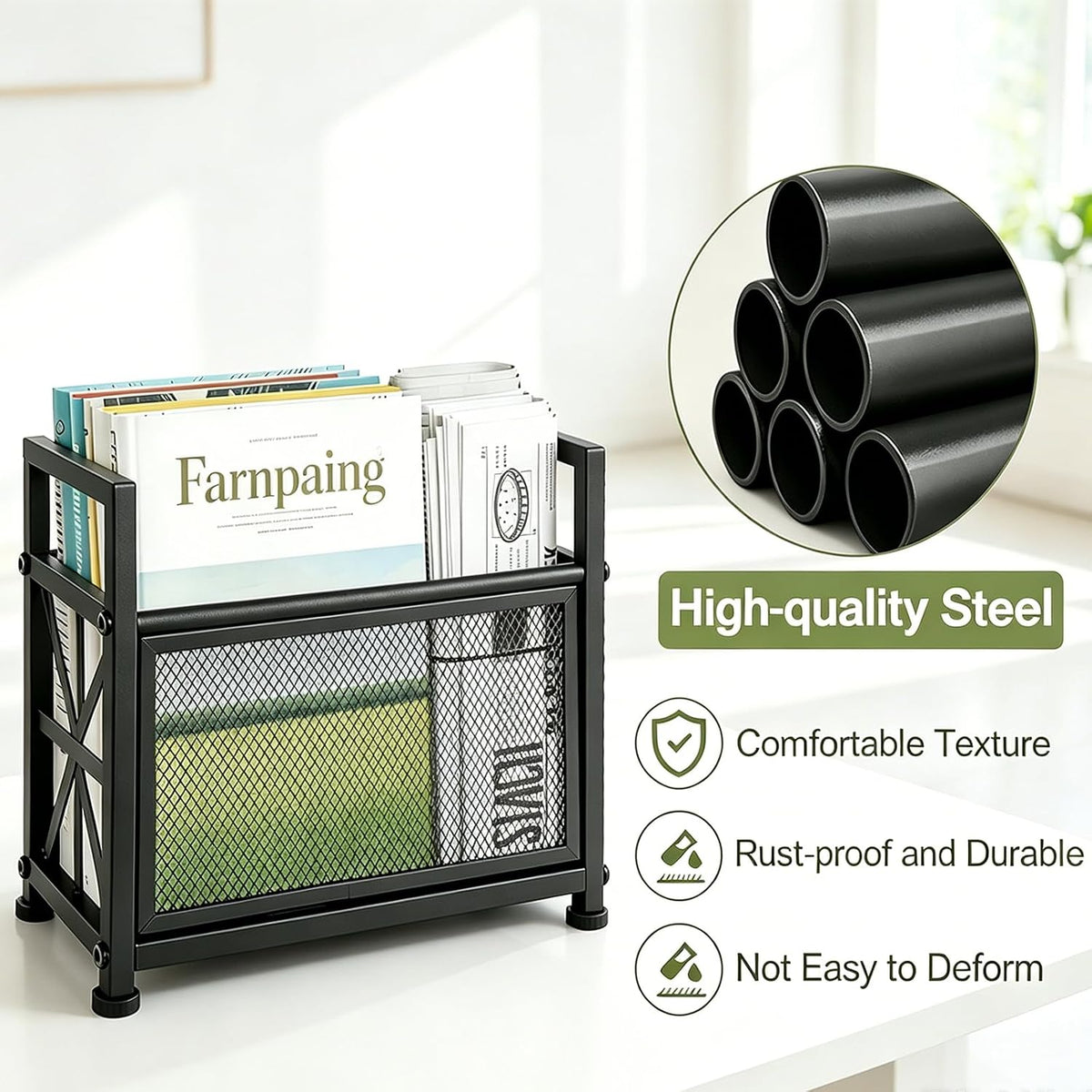 Large Magazine Rack Floor Stand, Metal Black Magazine Holder Floor