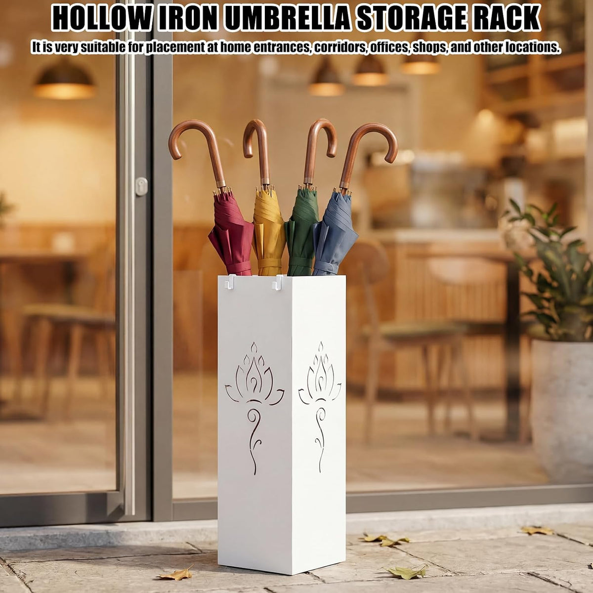 Square Metal Umbrella Holder, Square Free Standing Umbrella Rack Decorative Umbrella Holder Hollow Cutout Pattern Design for Umbrella Cane Entryway Home Office 19.49" X 6.1" X 6.1" (White hollowed out
