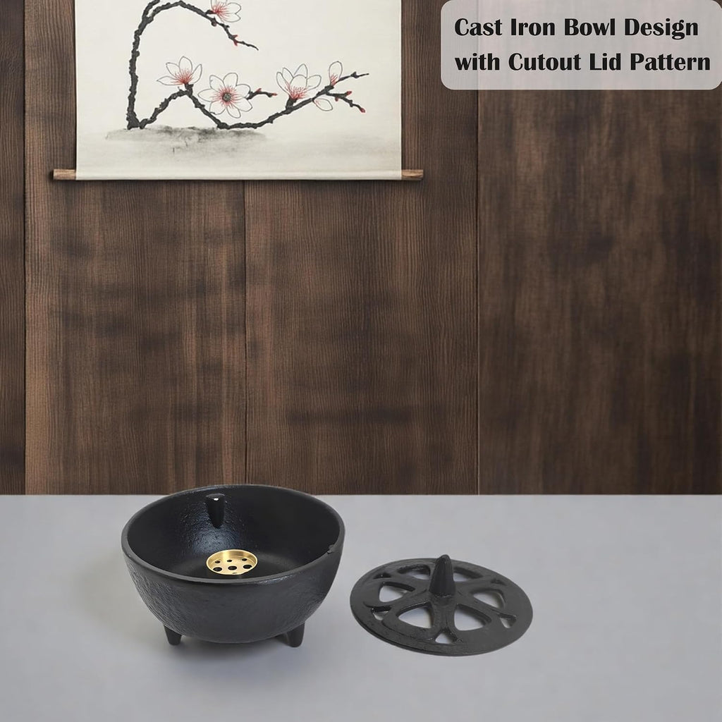Small Cast Iron Incense Burner Holder, Home Decor, Bowl Design with Decorative Lid, Black Incense for Sticks, Resin, Cone Incense or Wax Melts