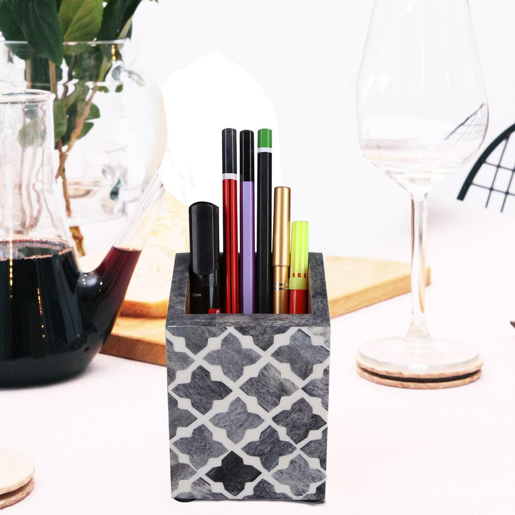 Handicrafts Home Bone Inlay Pen & Pencil Holder Slate Desk Organizer, 3x3x4