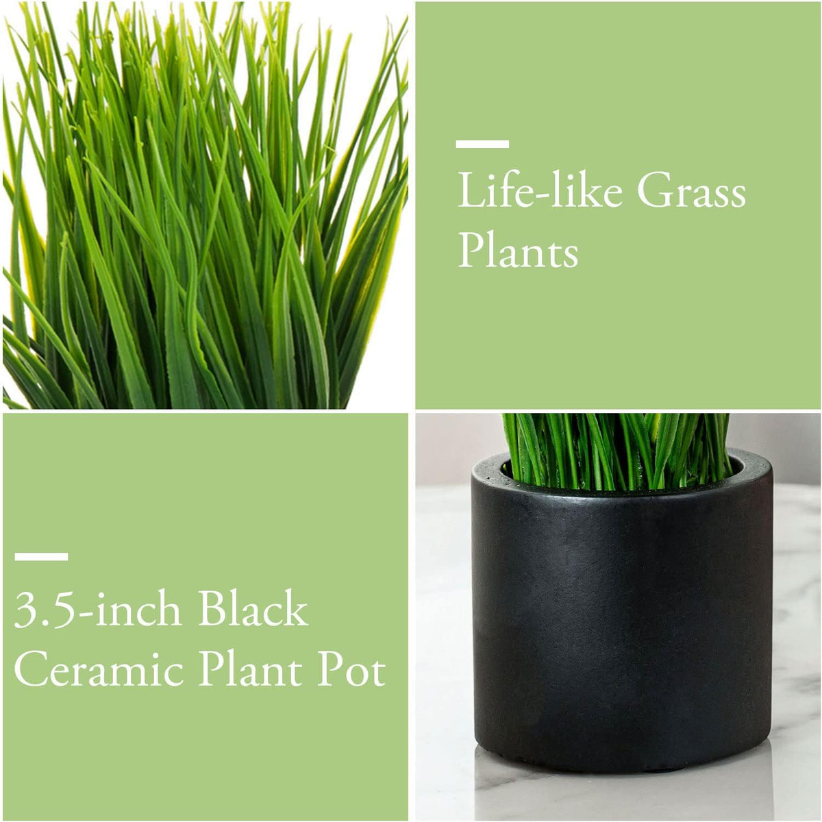 MyGift Tabletop Artificial Grass Plants Decorative Faux Greenery Plant Potted in Modern Cylindrical Black Cement Pots, Set of 2