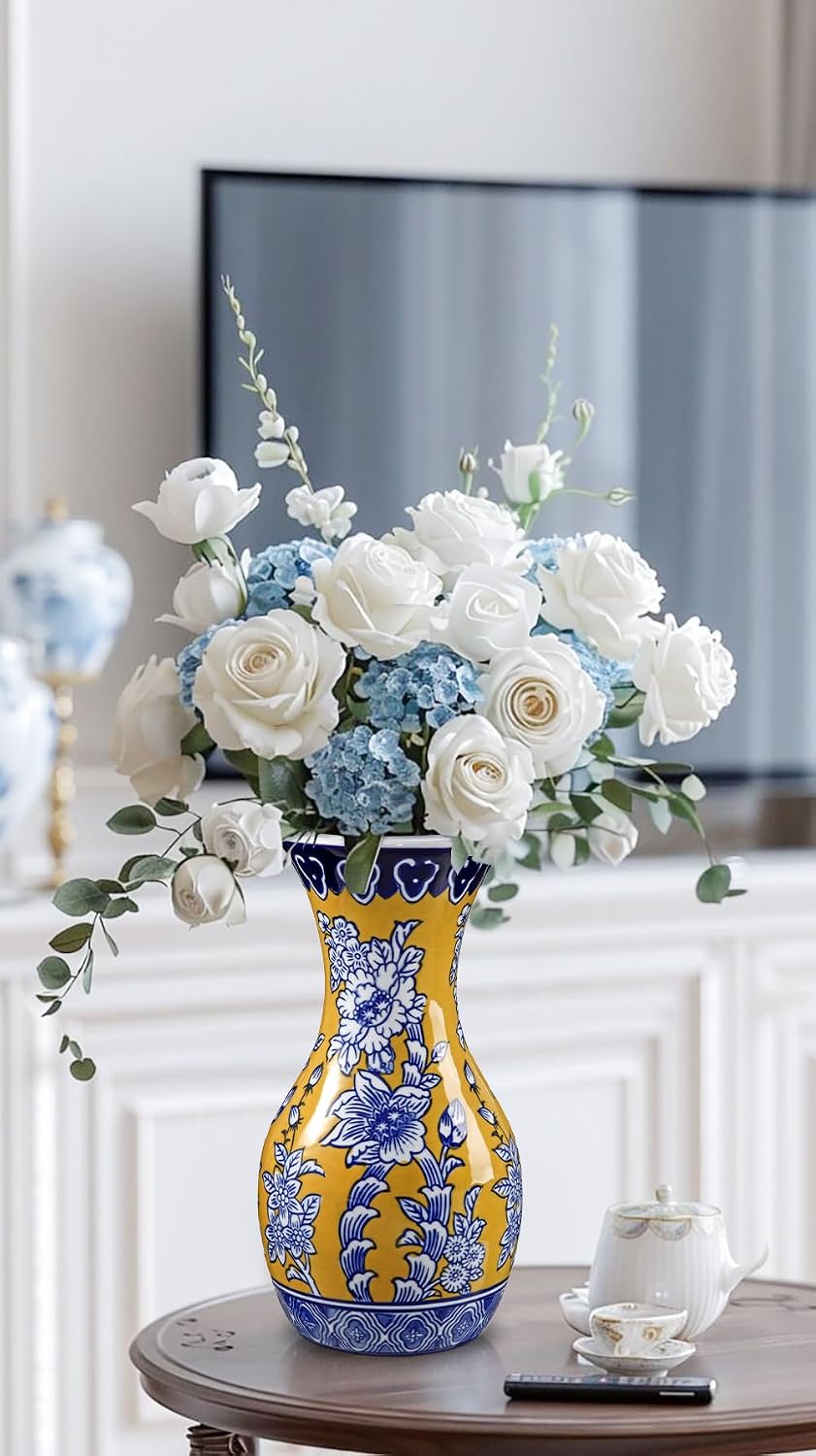 Blue and Yellow Ceramic Vase 11" Chinoiserie Flower Vase in Wide Mouth