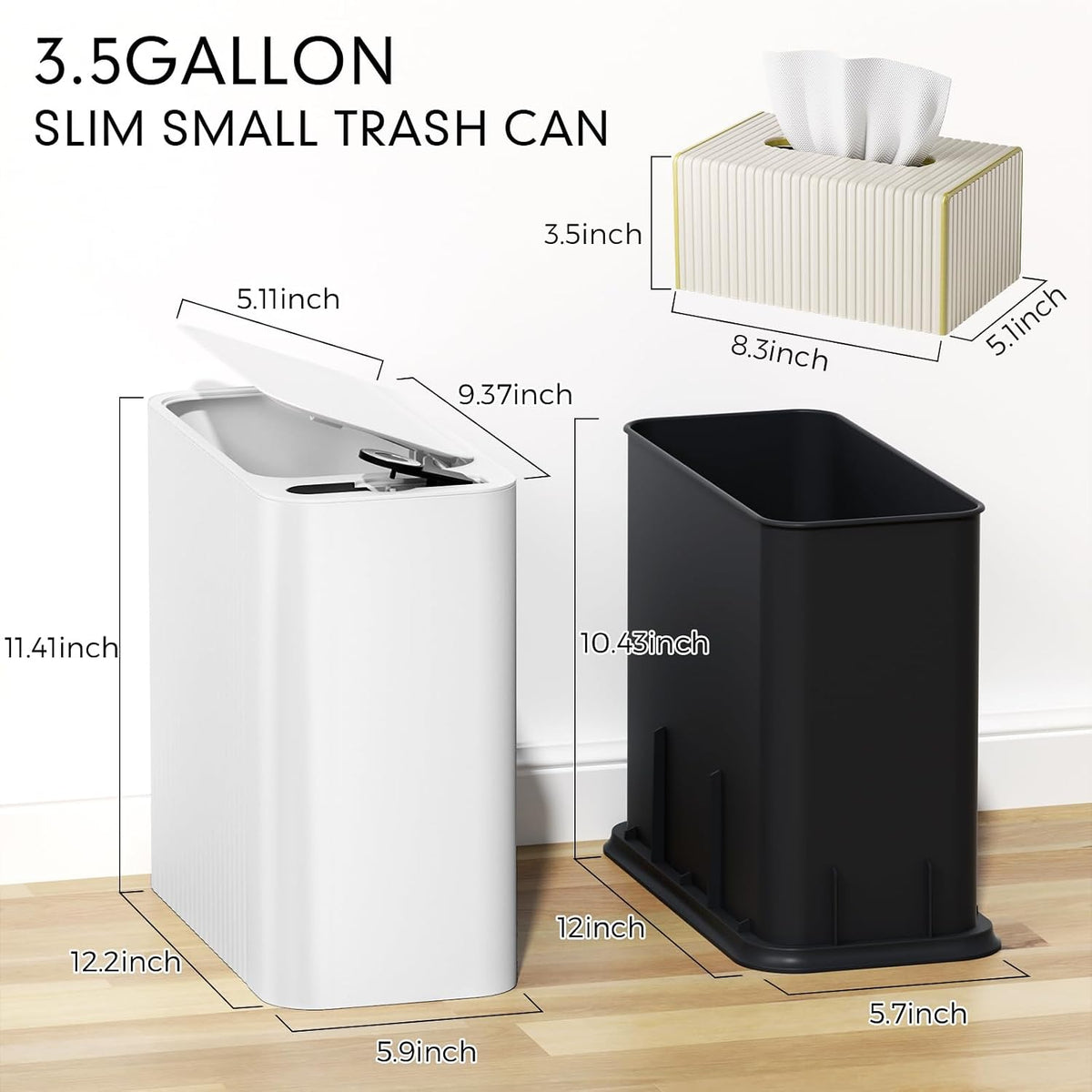 Bathroom Trash Can with Lid and Tissue Box Cover Set 13 L/ 3.5 Gallon White Trash Can with Pop-Up Lid Small Garbage Can for Bathroom Bedroom Office Kitchen